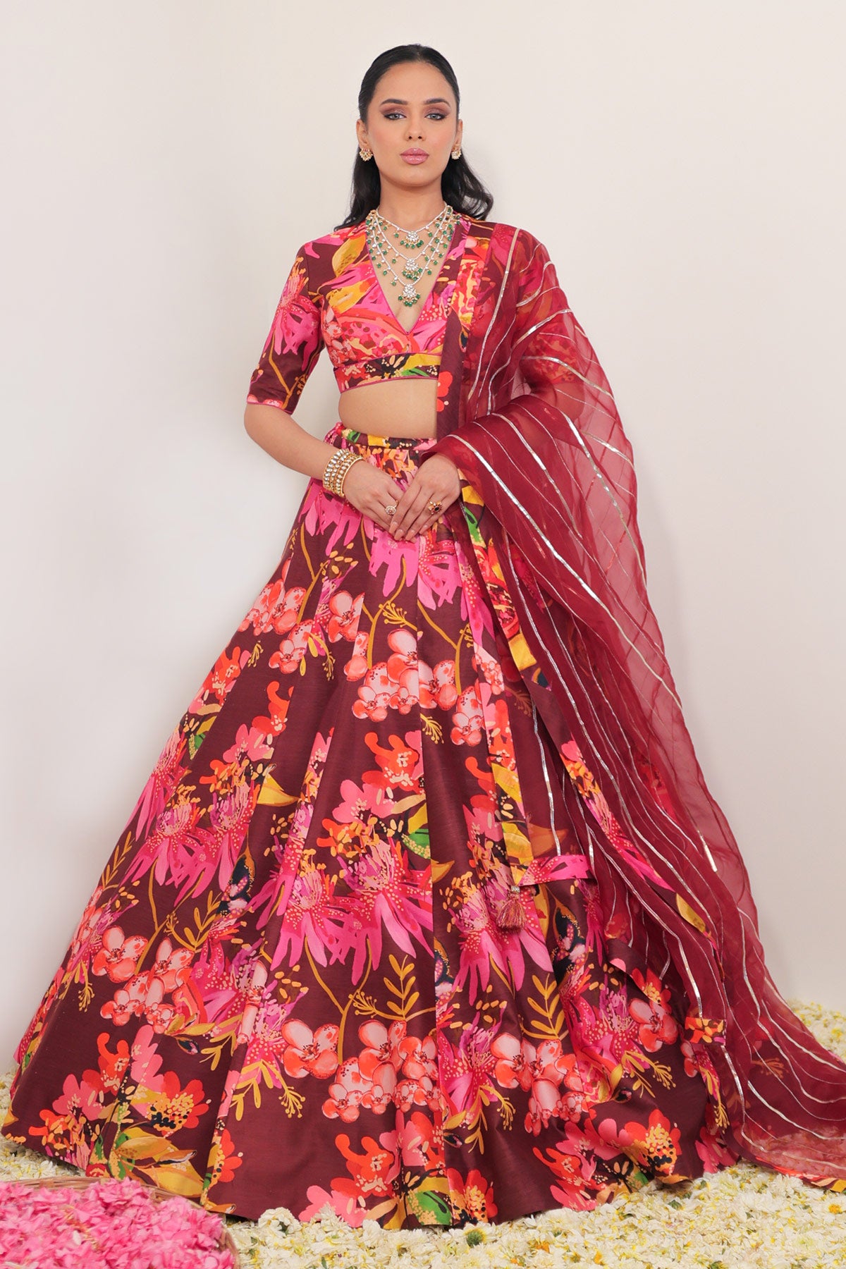 Hand-Drawn Floral Jaal Printed Maroon Lehenga Set