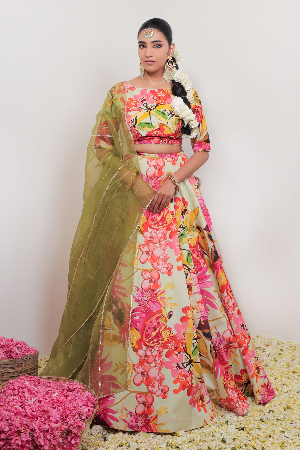 Hand-Drawn Floral Jaal Printed Pistachio Lehenga Set
