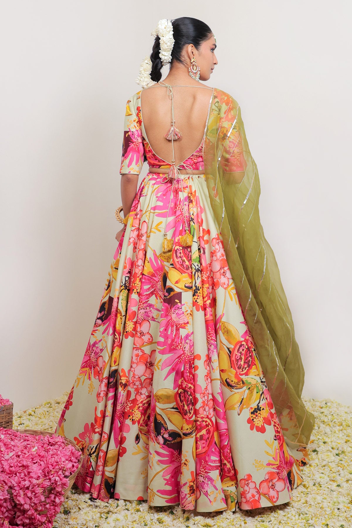 Hand-Drawn Floral Jaal Printed Pistachio Lehenga Set