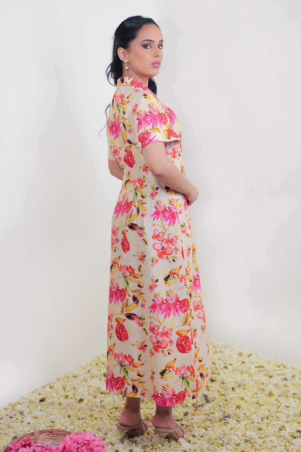 Classic Beige & Pink Floral Dress