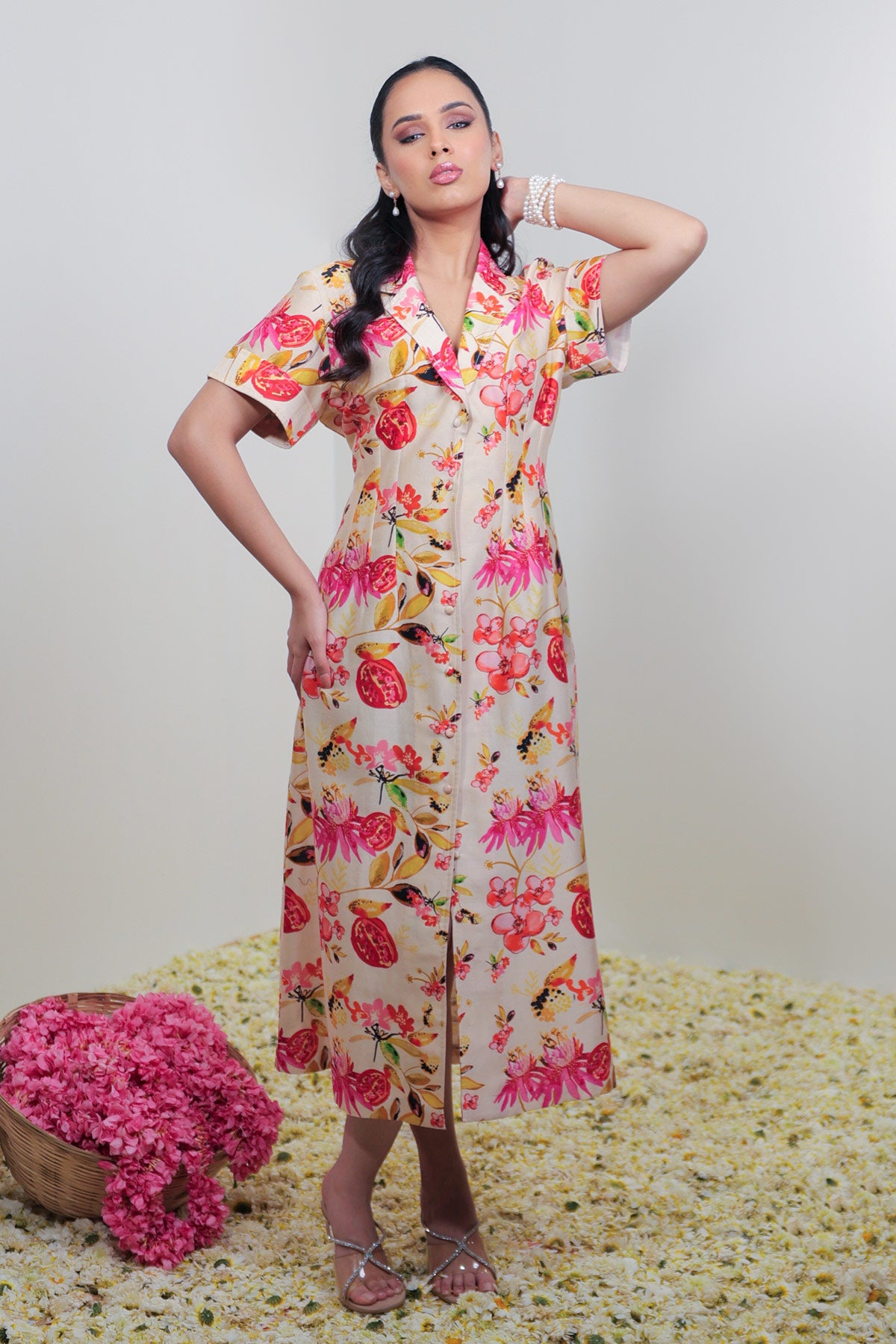 Classic Beige & Pink Floral Dress