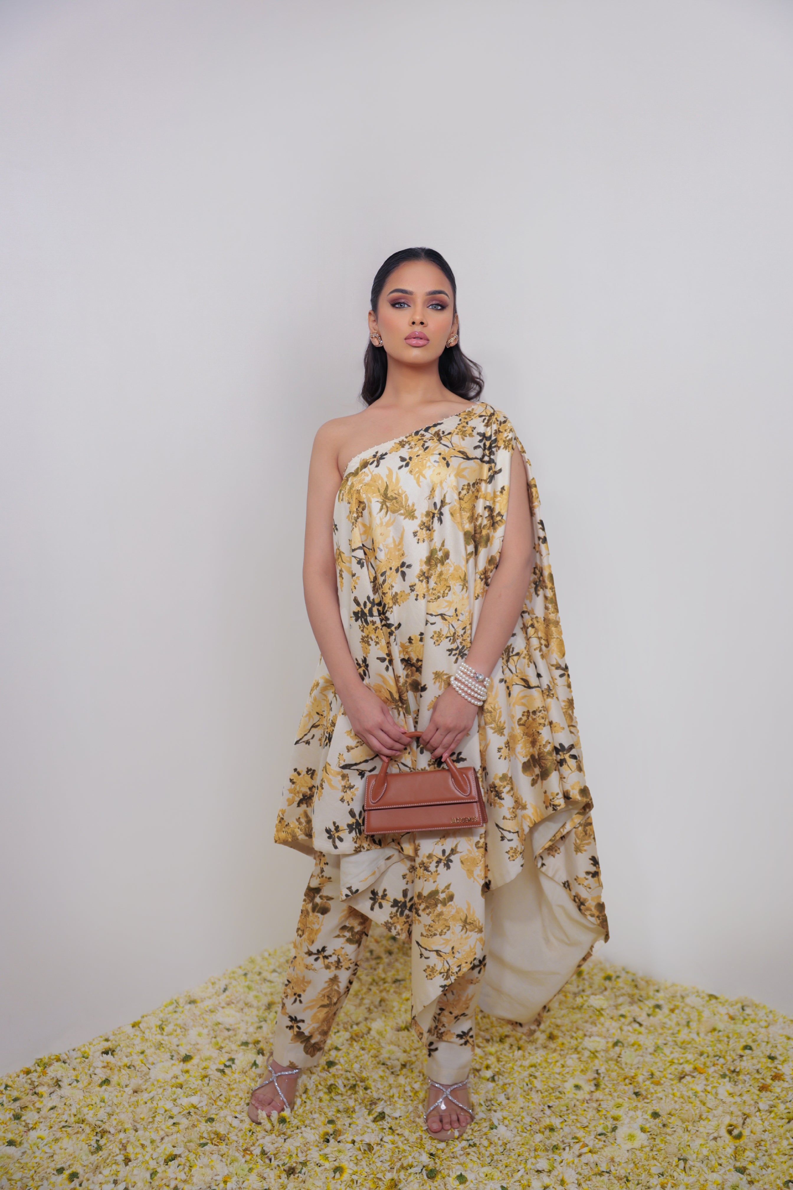 Classic Ivory & Olive Floral Jaal Off-Shoulder Co-ord Set with Palazzo