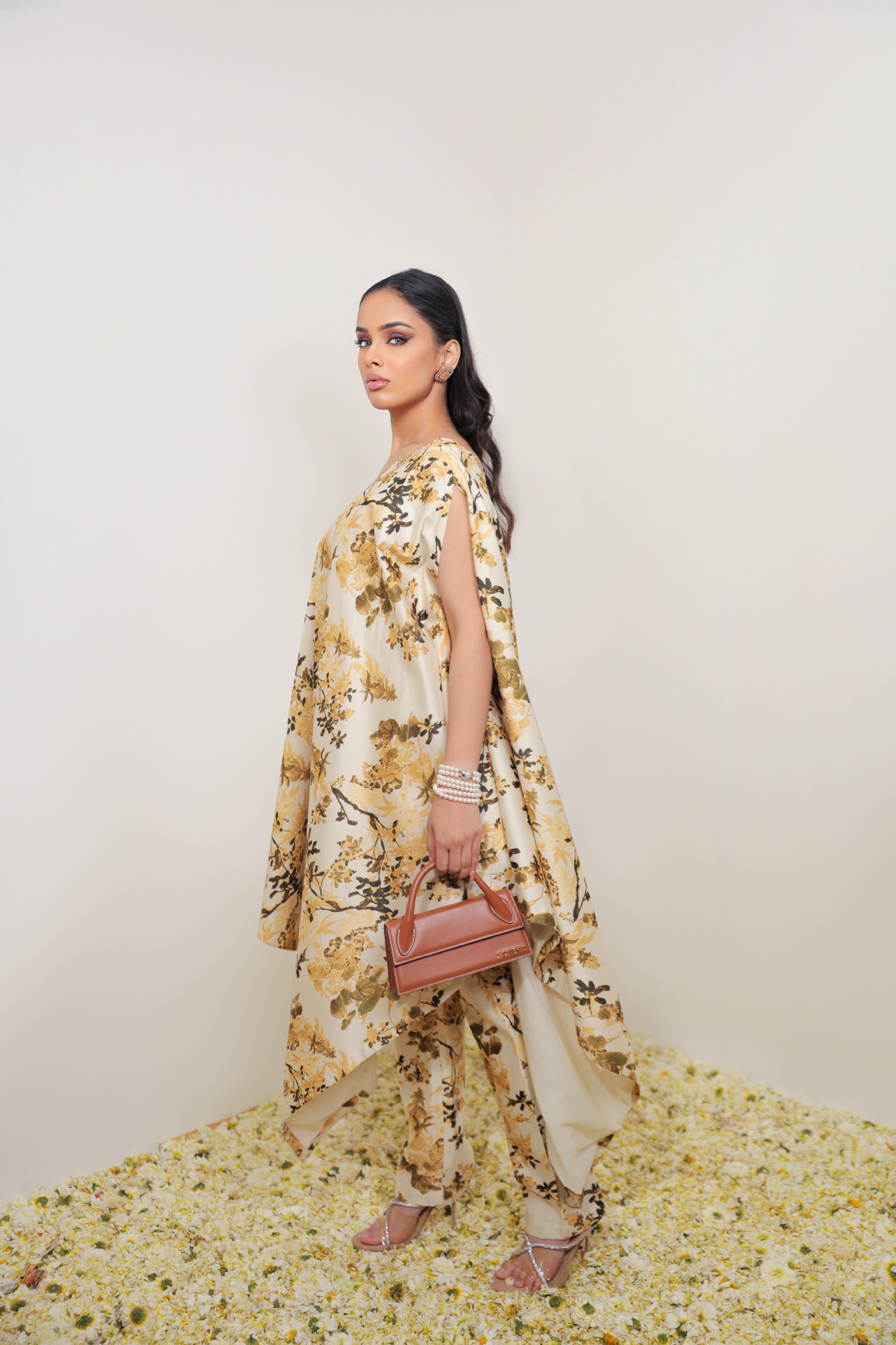 Classic Ivory & Olive Floral Jaal Off-Shoulder Co-ord Set with Palazzo