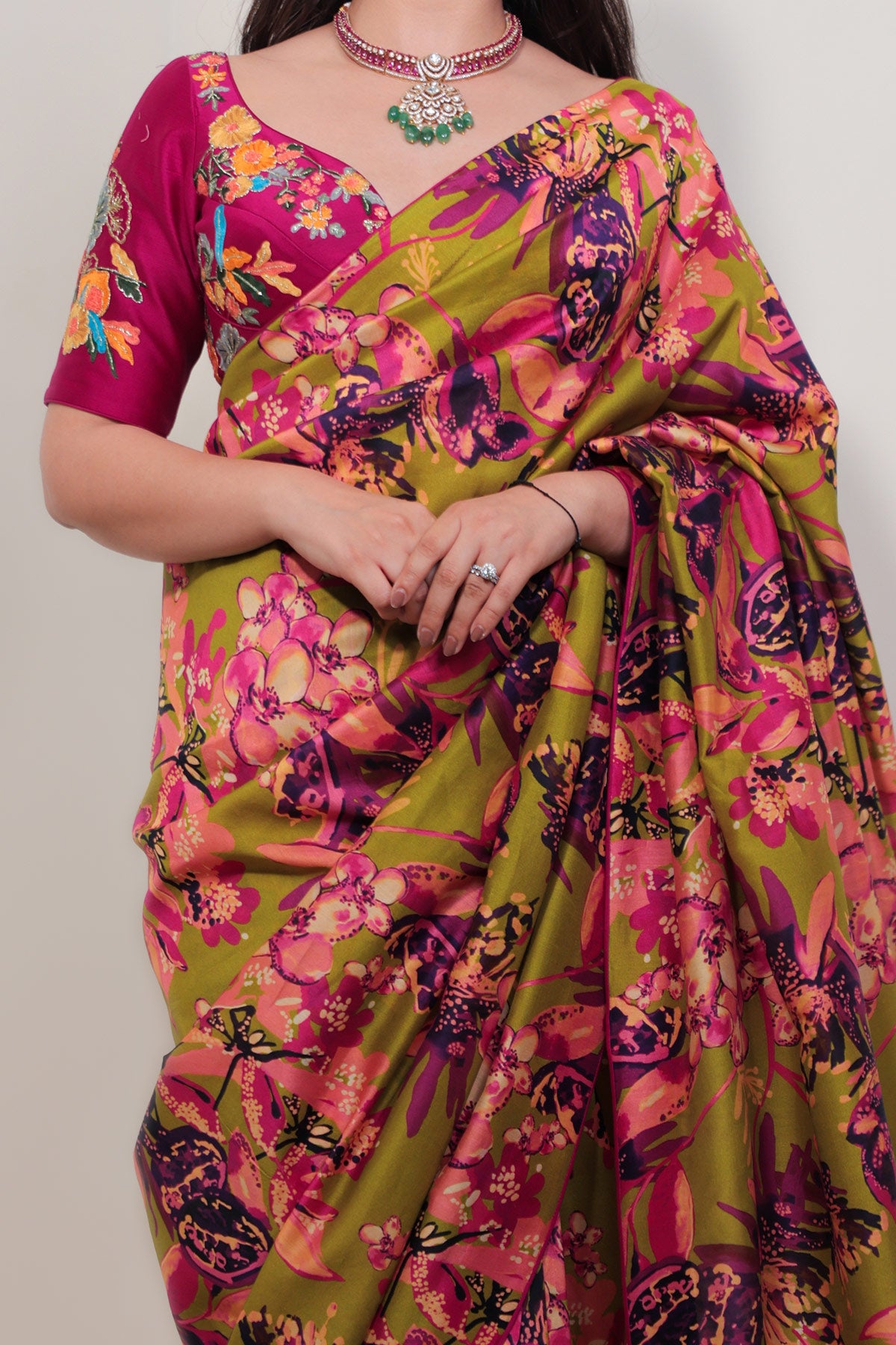 Green Hand-Drawn Floral Printed Classic Saree