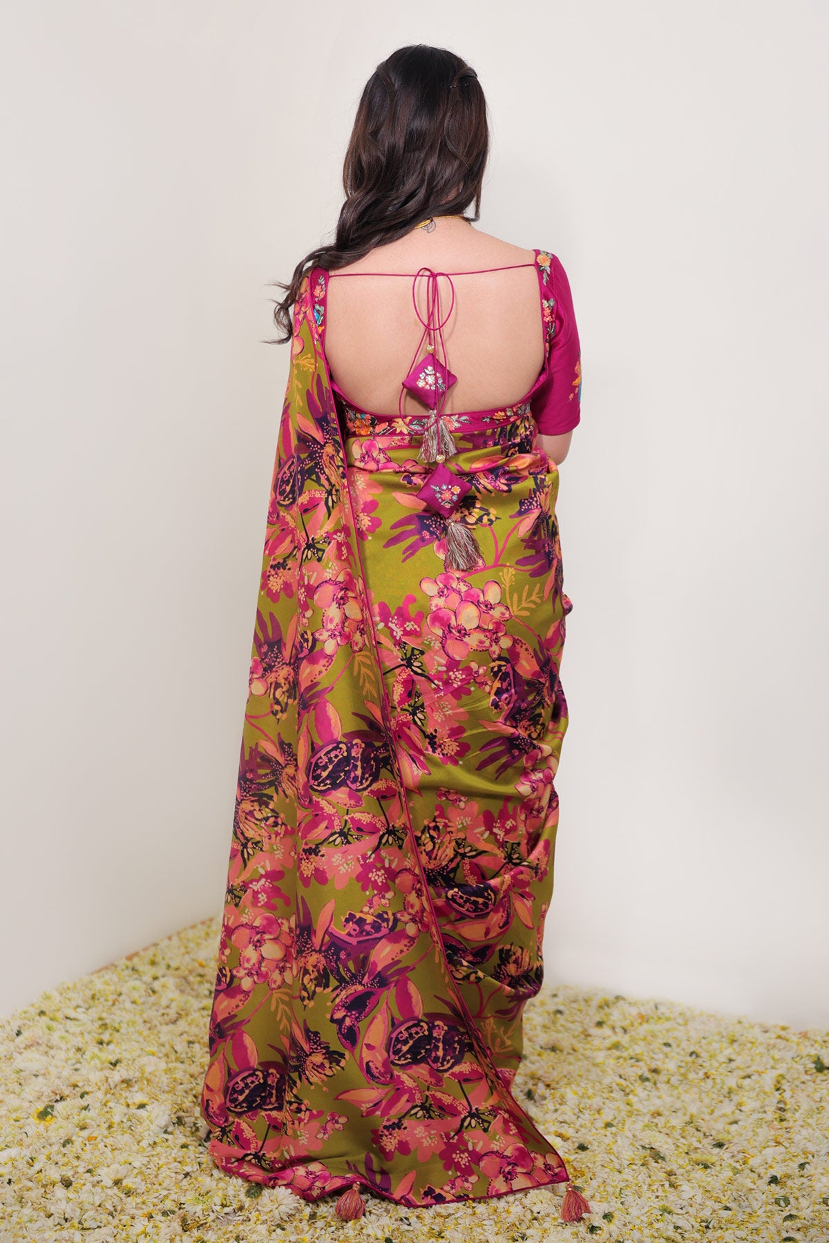 Green Hand-Drawn Floral Printed Classic Saree