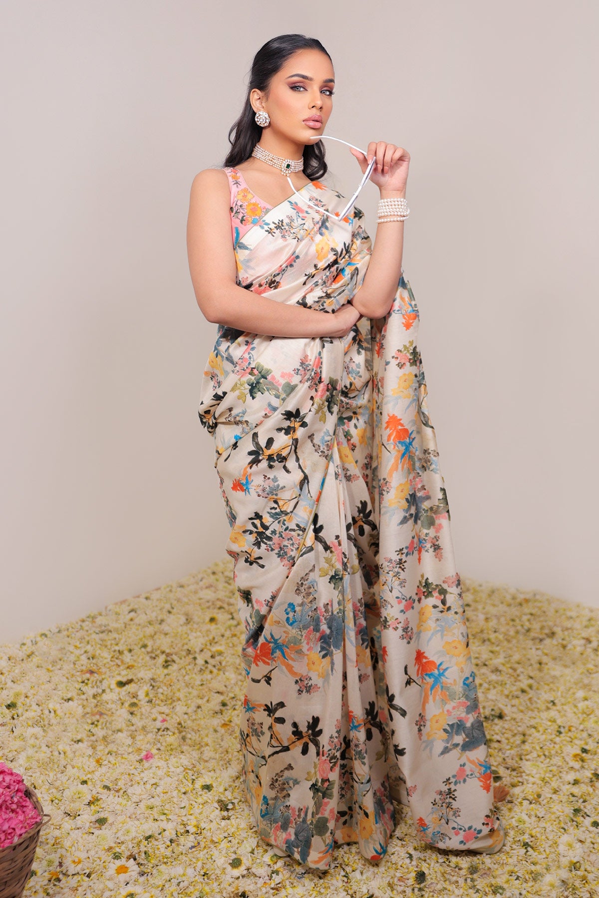 Classic Hand-Drawn Floral Printed Saree