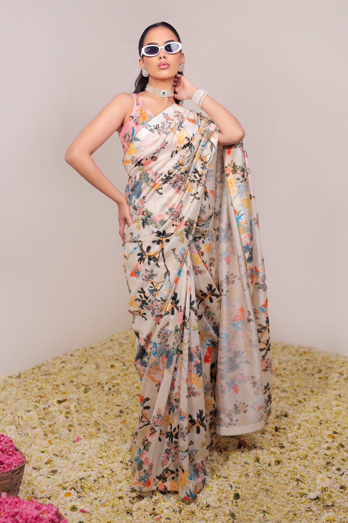 Classic Hand-Drawn Floral Printed Saree