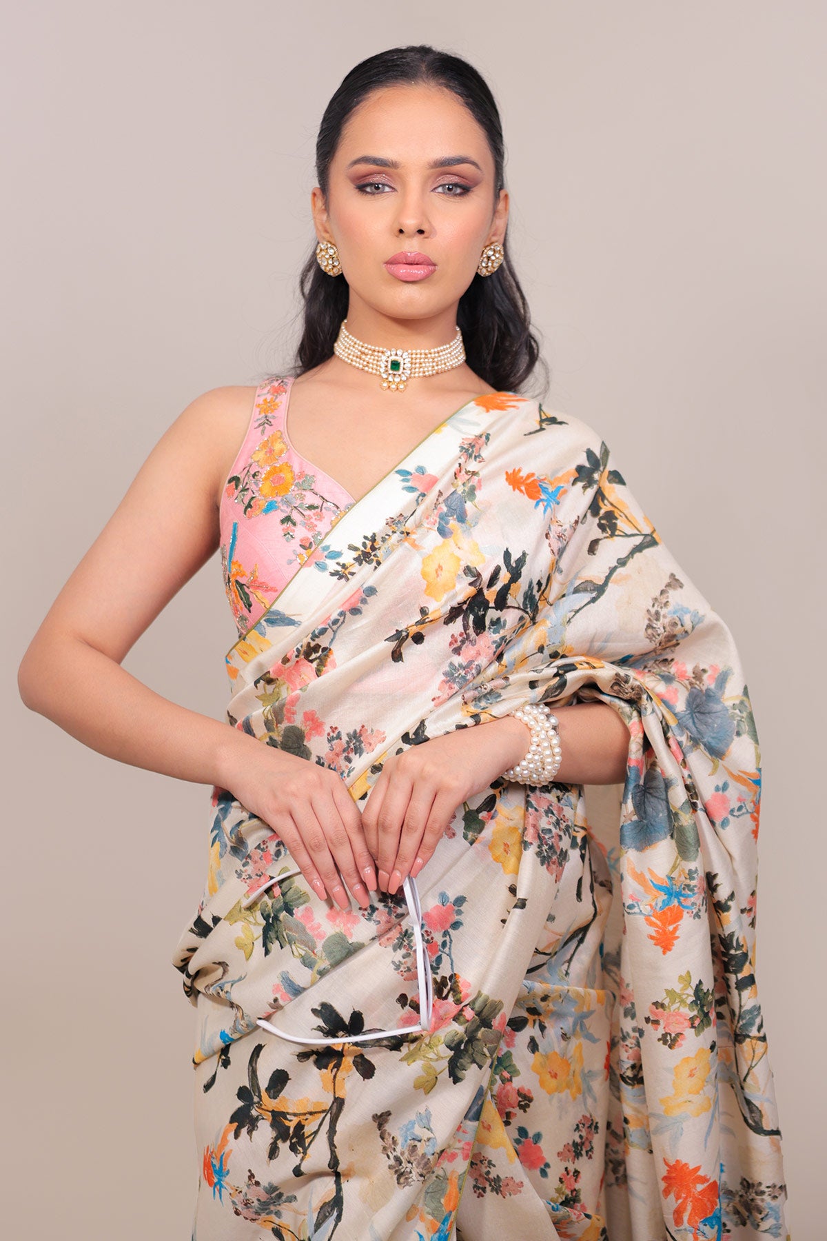 Classic Hand-Drawn Floral Printed Saree