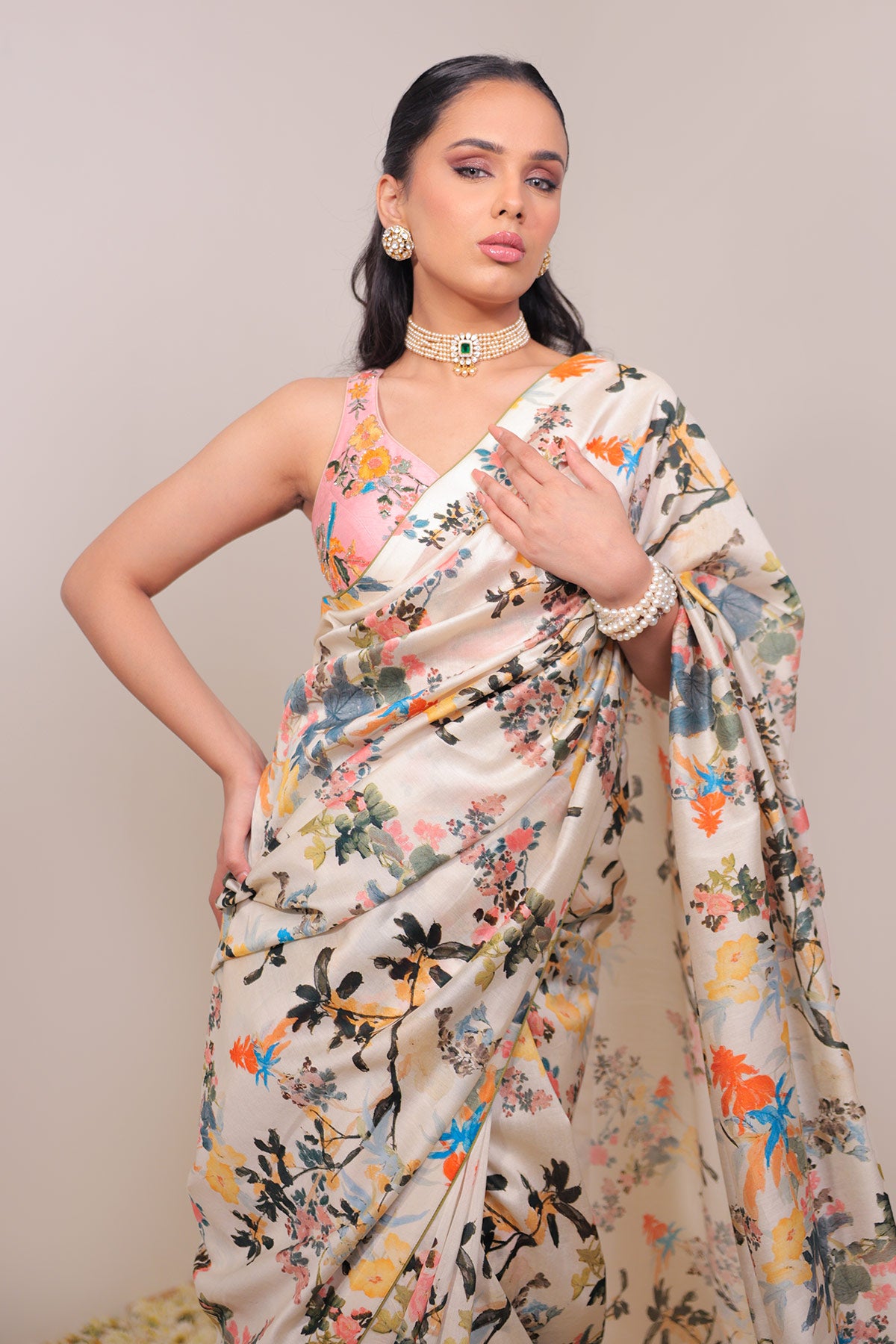 Classic Hand-Drawn Floral Printed Saree