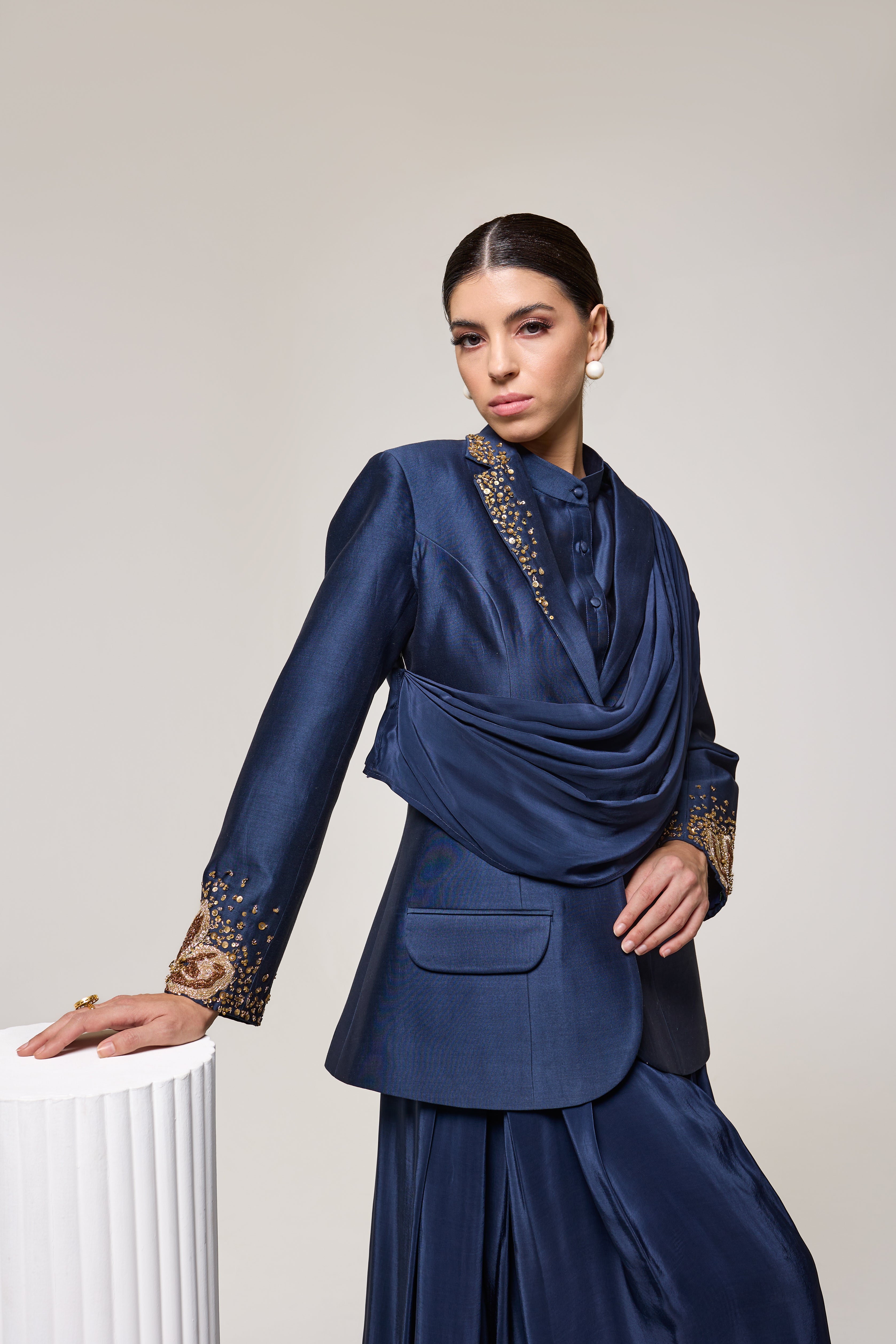 Midnight Spark Blazar with Drape Skirt Set