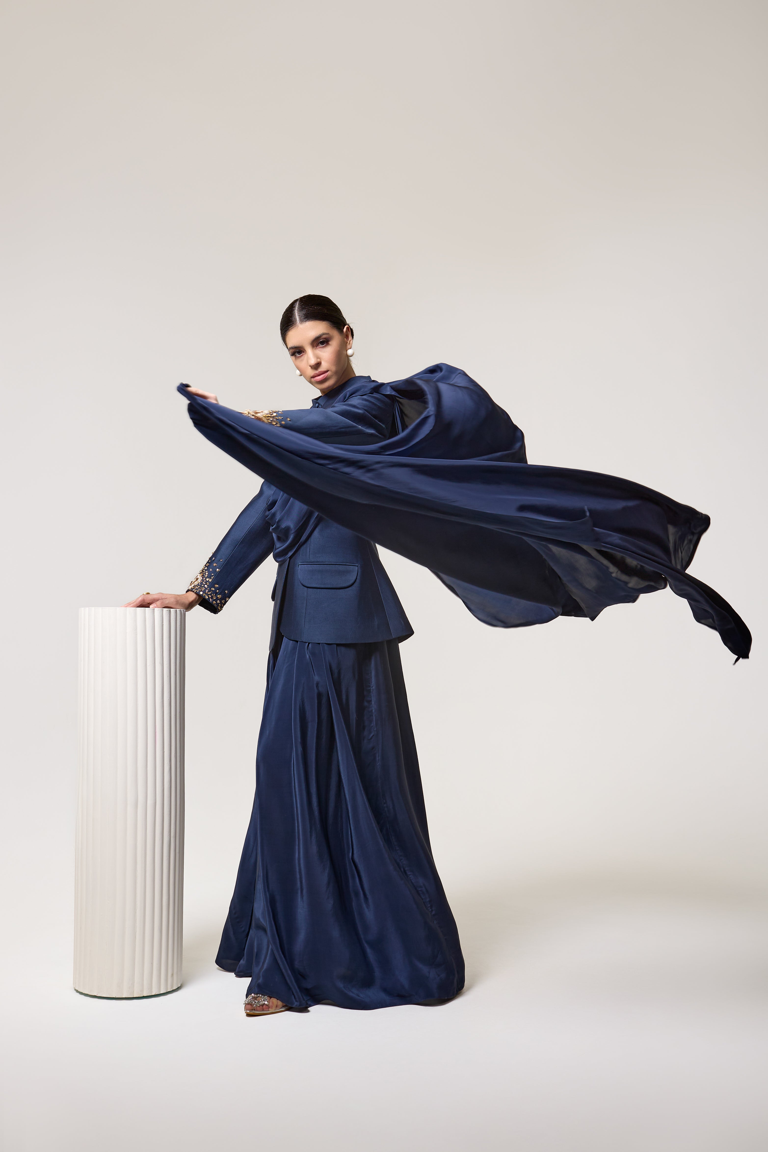 Midnight Spark Blazar with Drape Skirt Set