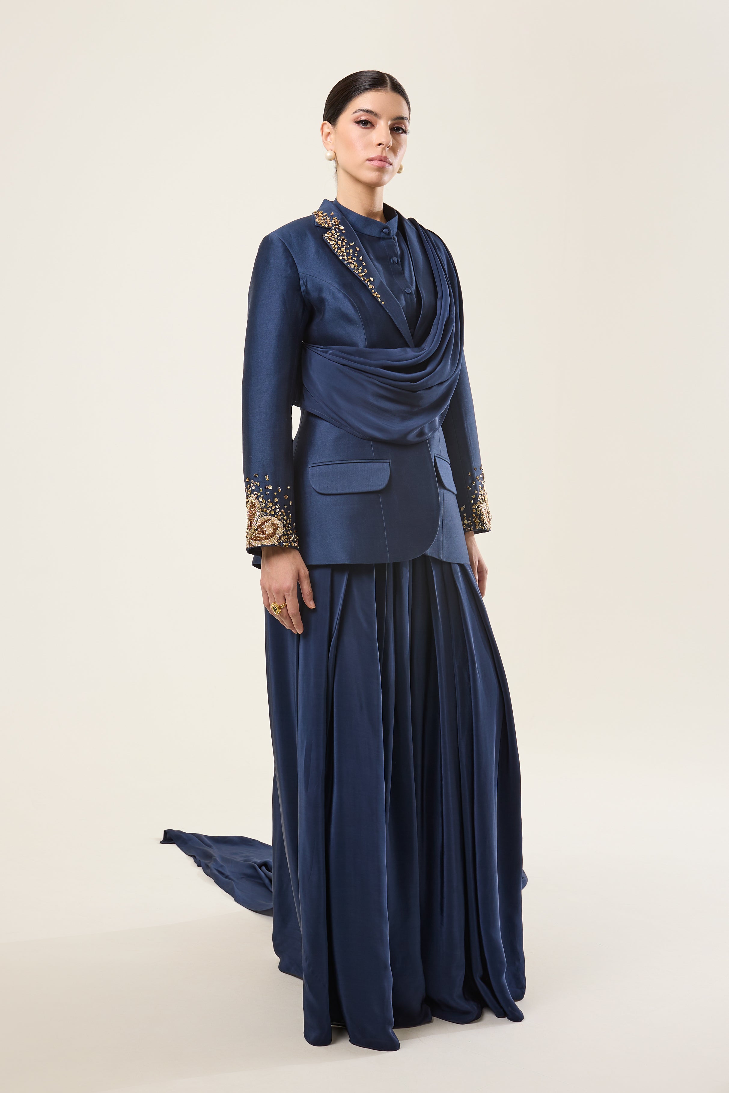 Midnight Spark Blazar with Drape Skirt Set