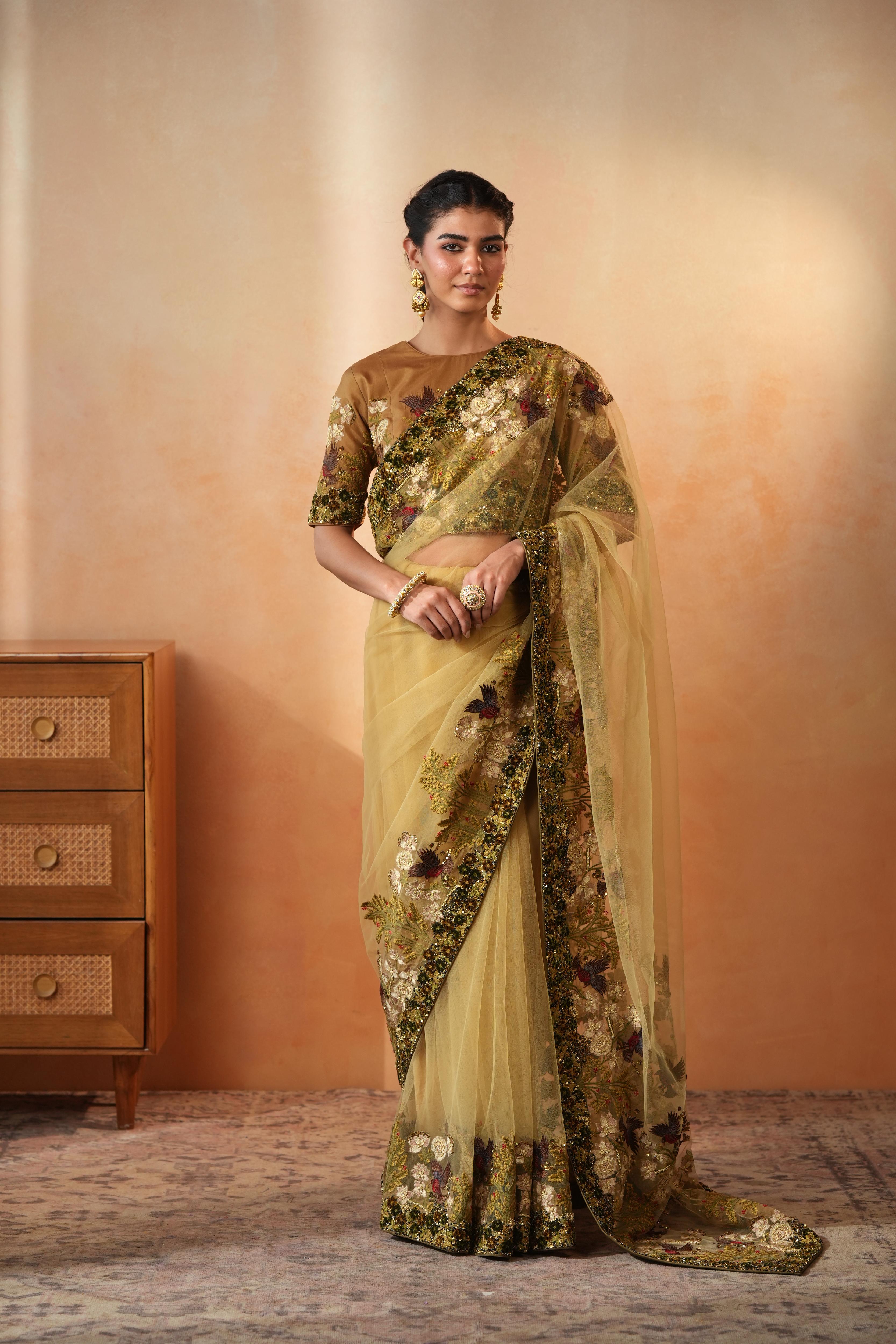 Olive Bird Net Saree