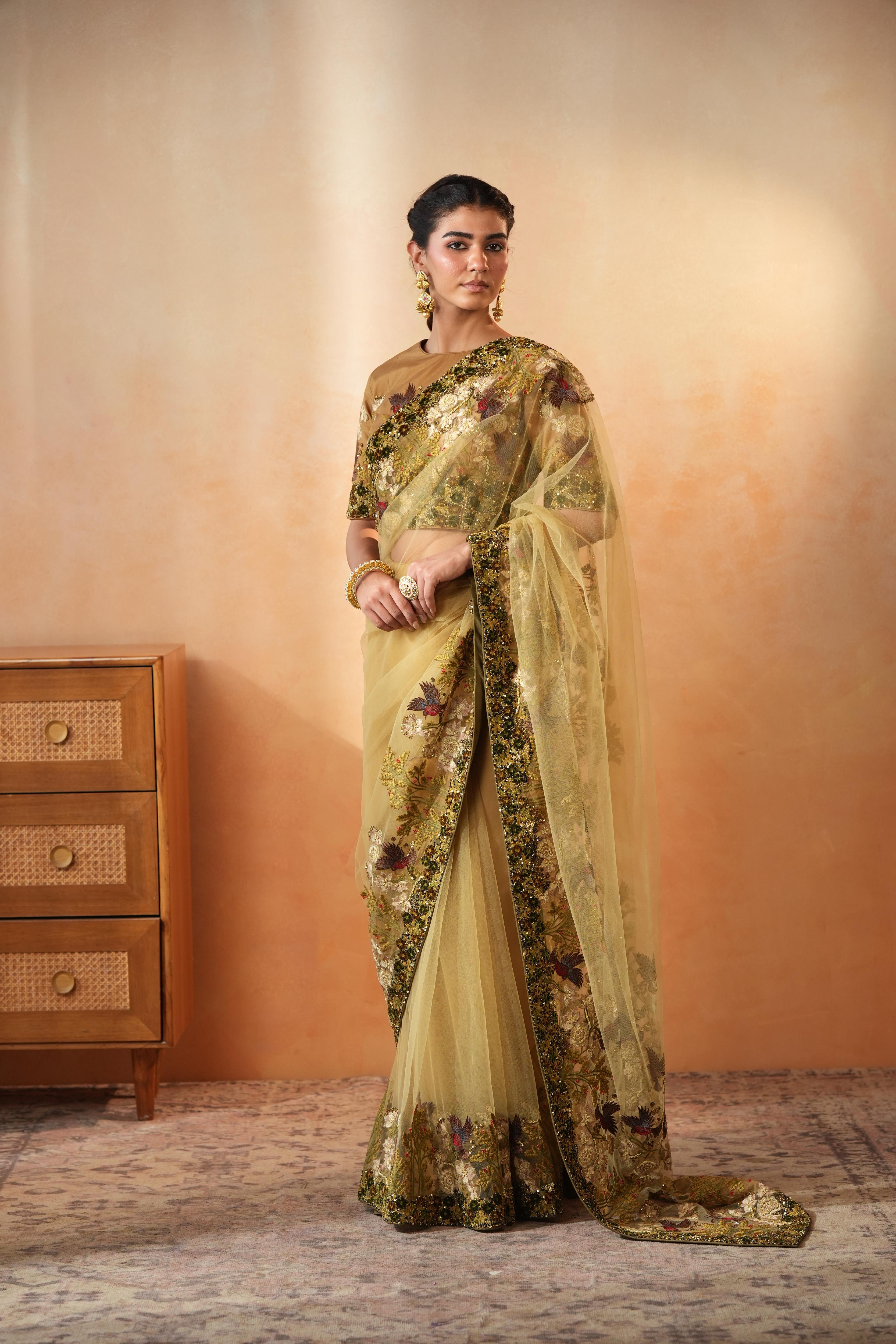Olive Bird Net Saree