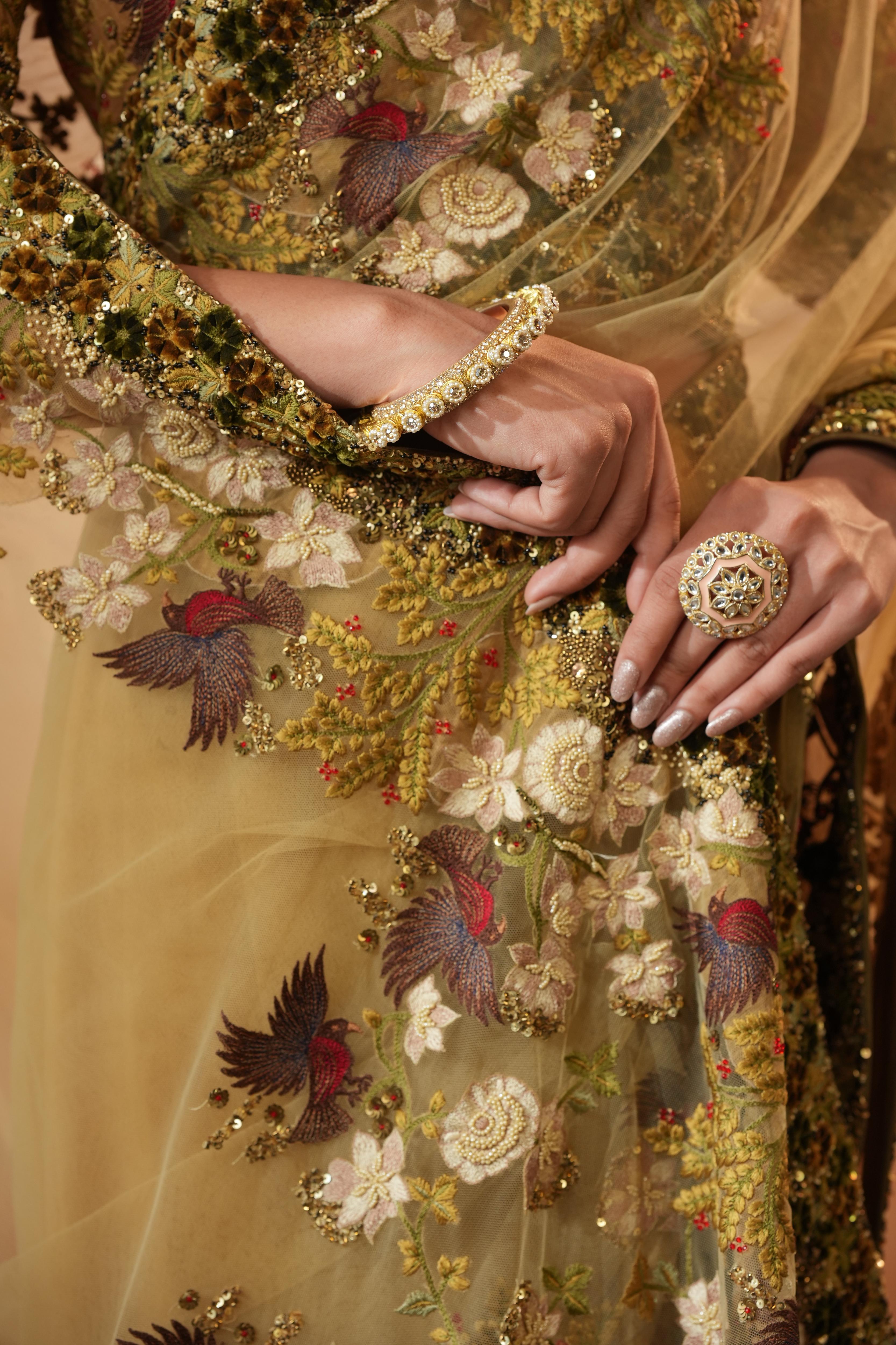 Olive Bird Net Saree