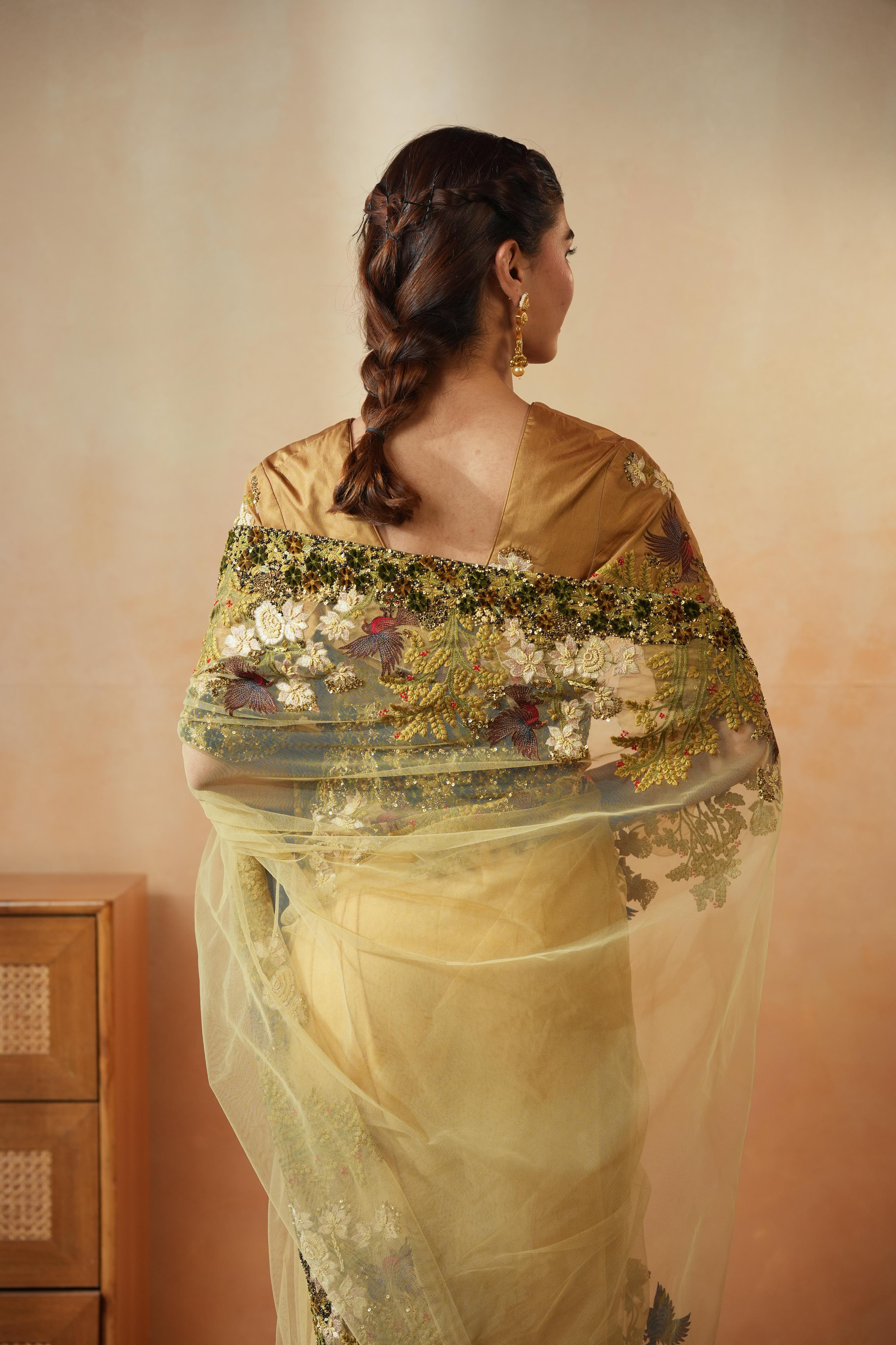 Olive Bird Net Saree