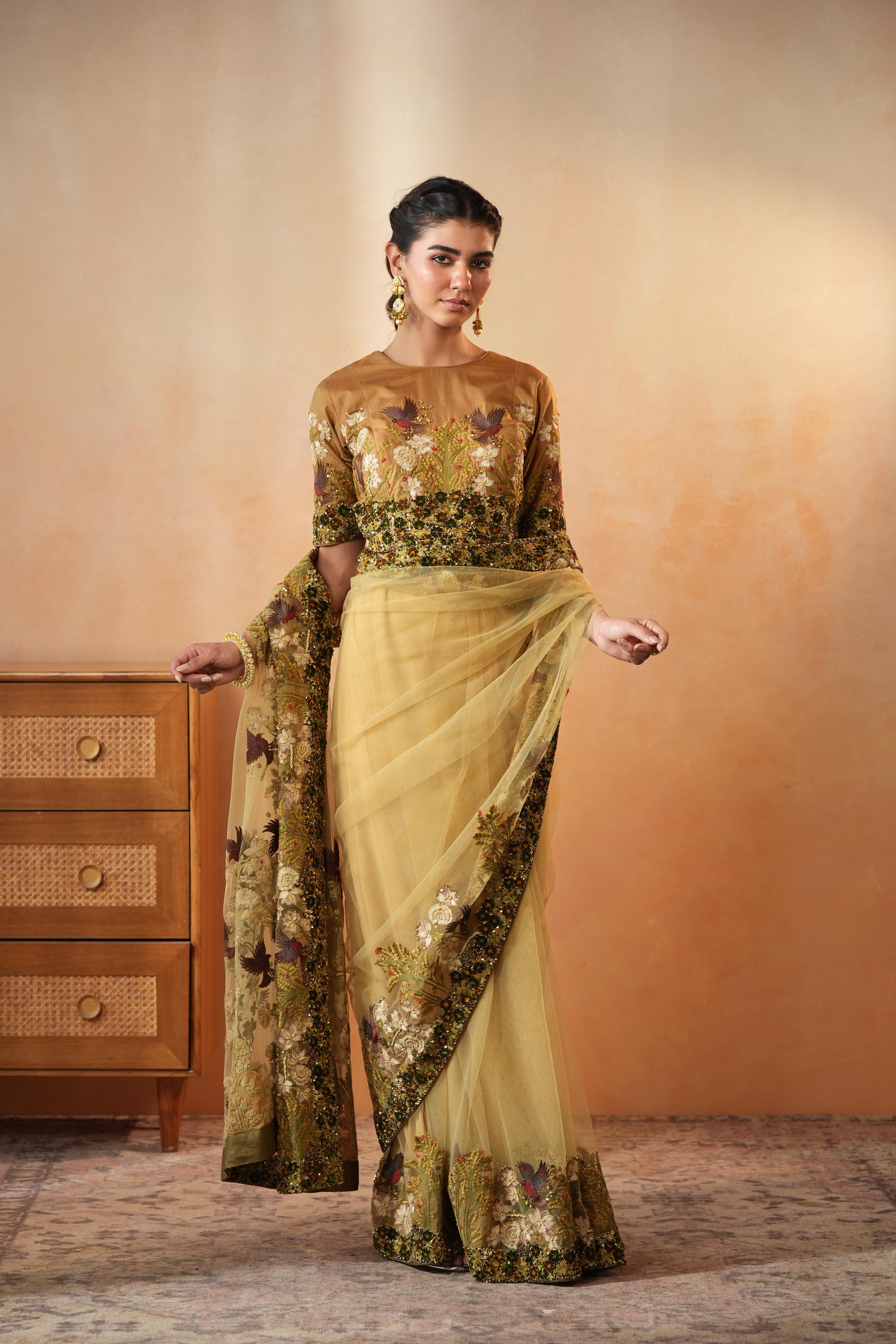 Olive Bird Net Saree