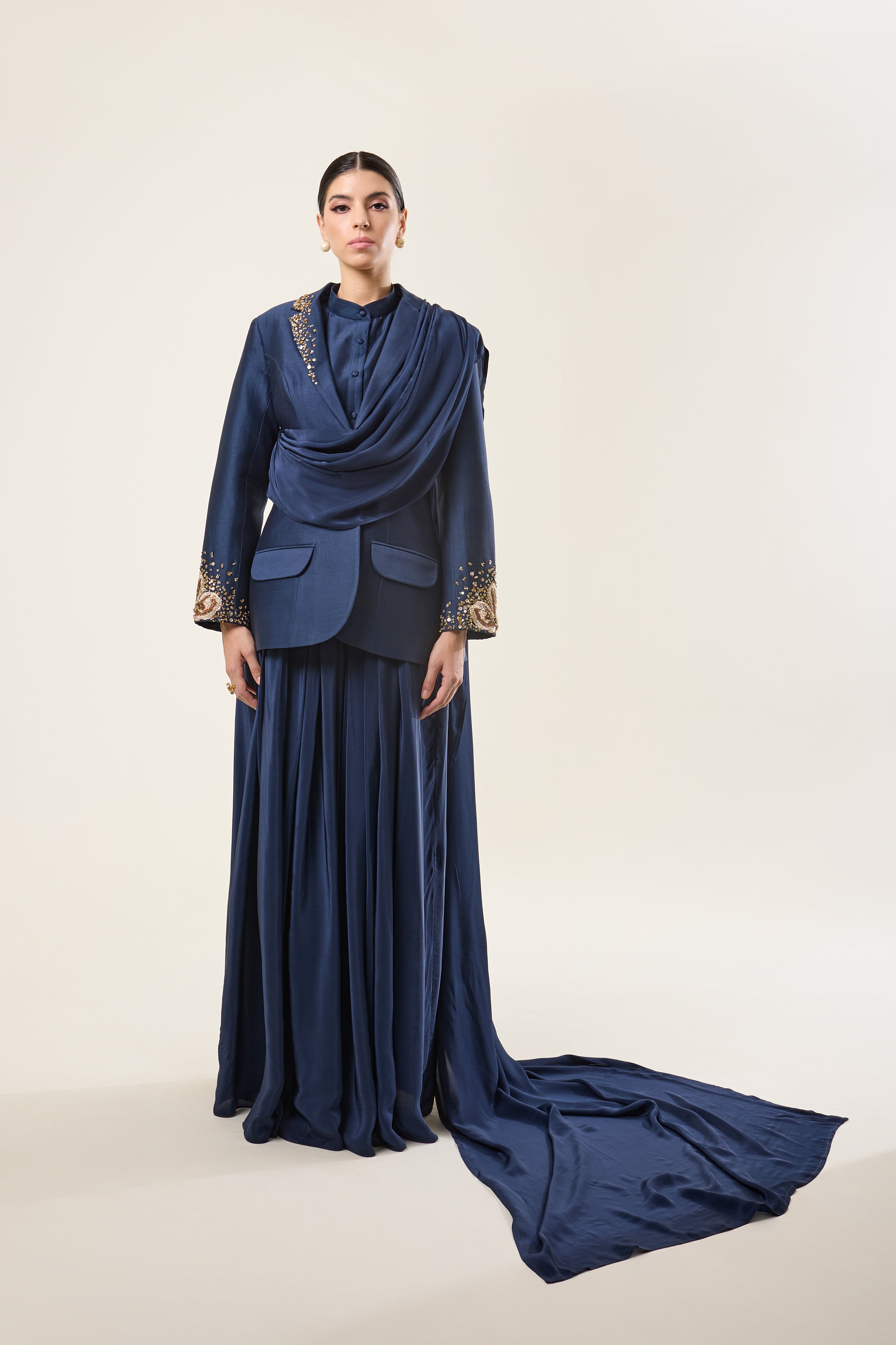 Midnight Spark Blazar with Drape Skirt Set