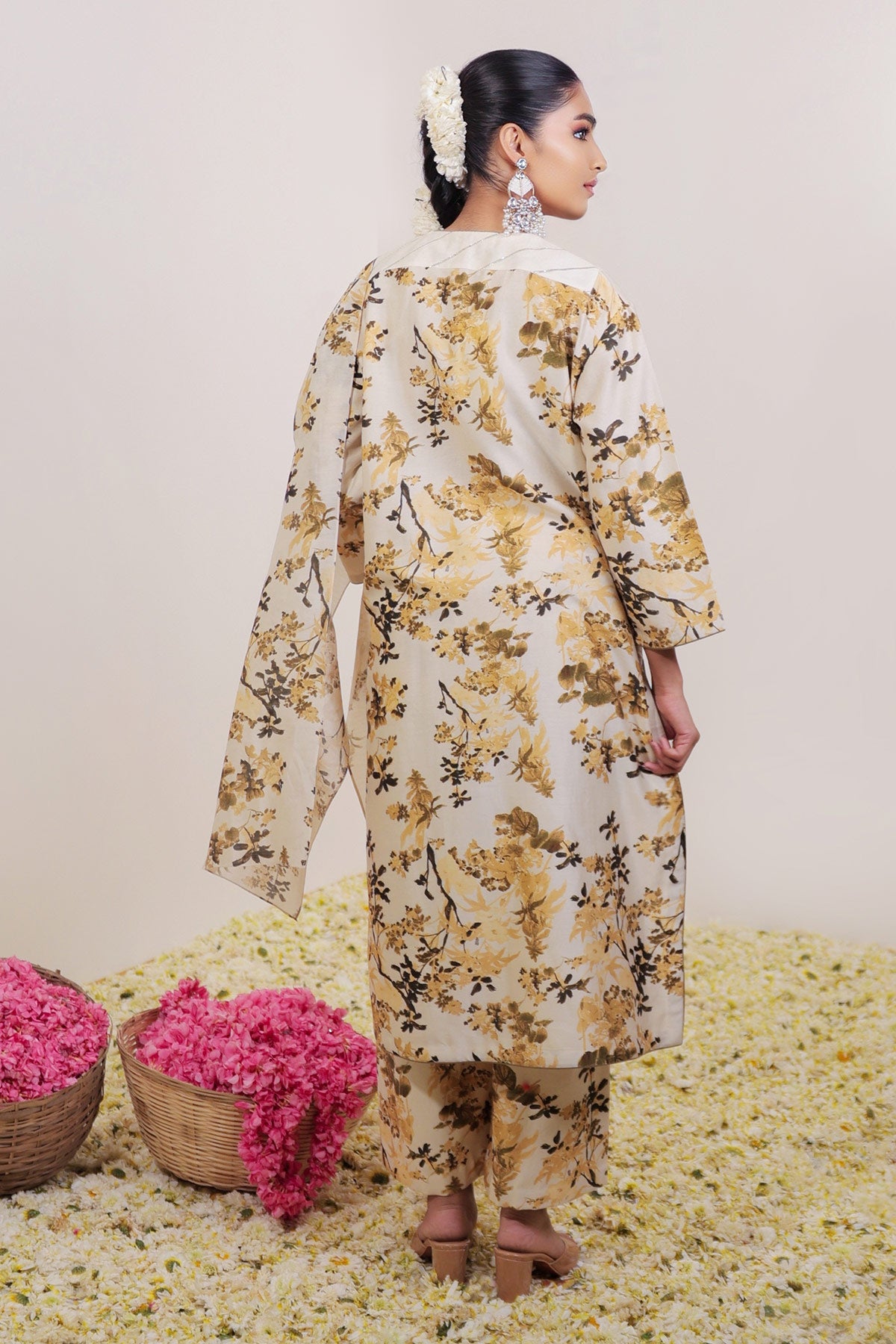 Ivory & Olive Floral Printed Long Suit Set