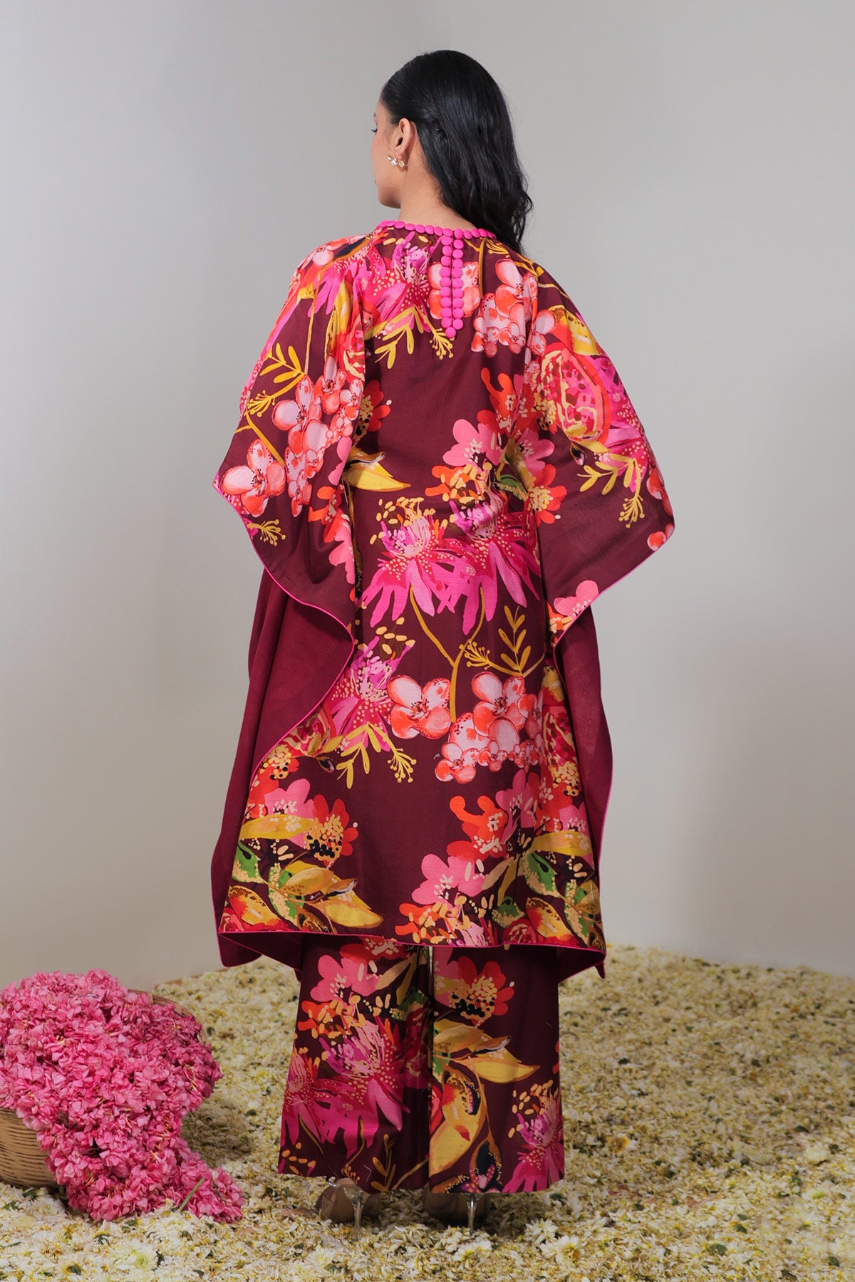 Maroon Floral Jaal Printed Kaftan Set