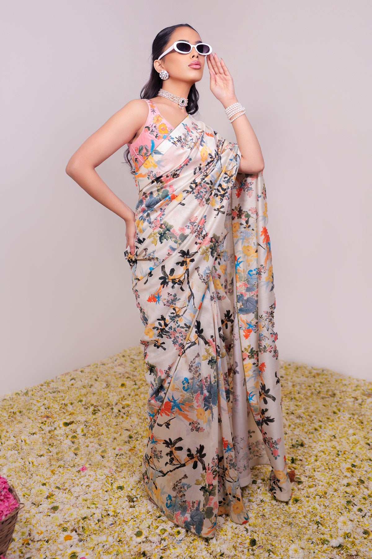 Classic Hand-Drawn Floral Printed Saree