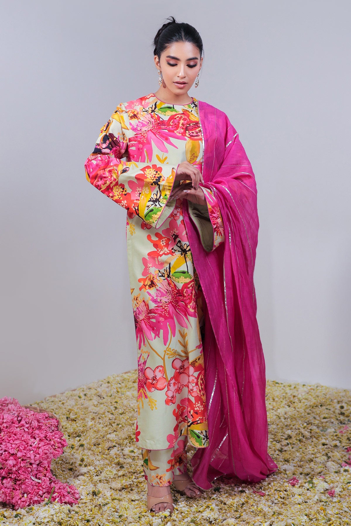 Pistachio Green Floral Jaal Printed Straight Long Suit Set