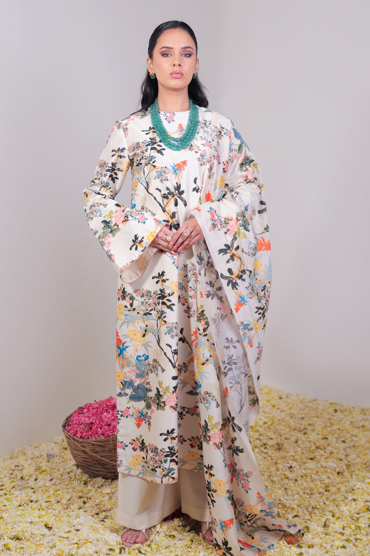 Classic Ivory Floral Jaal Printed Straight Long Suit Set