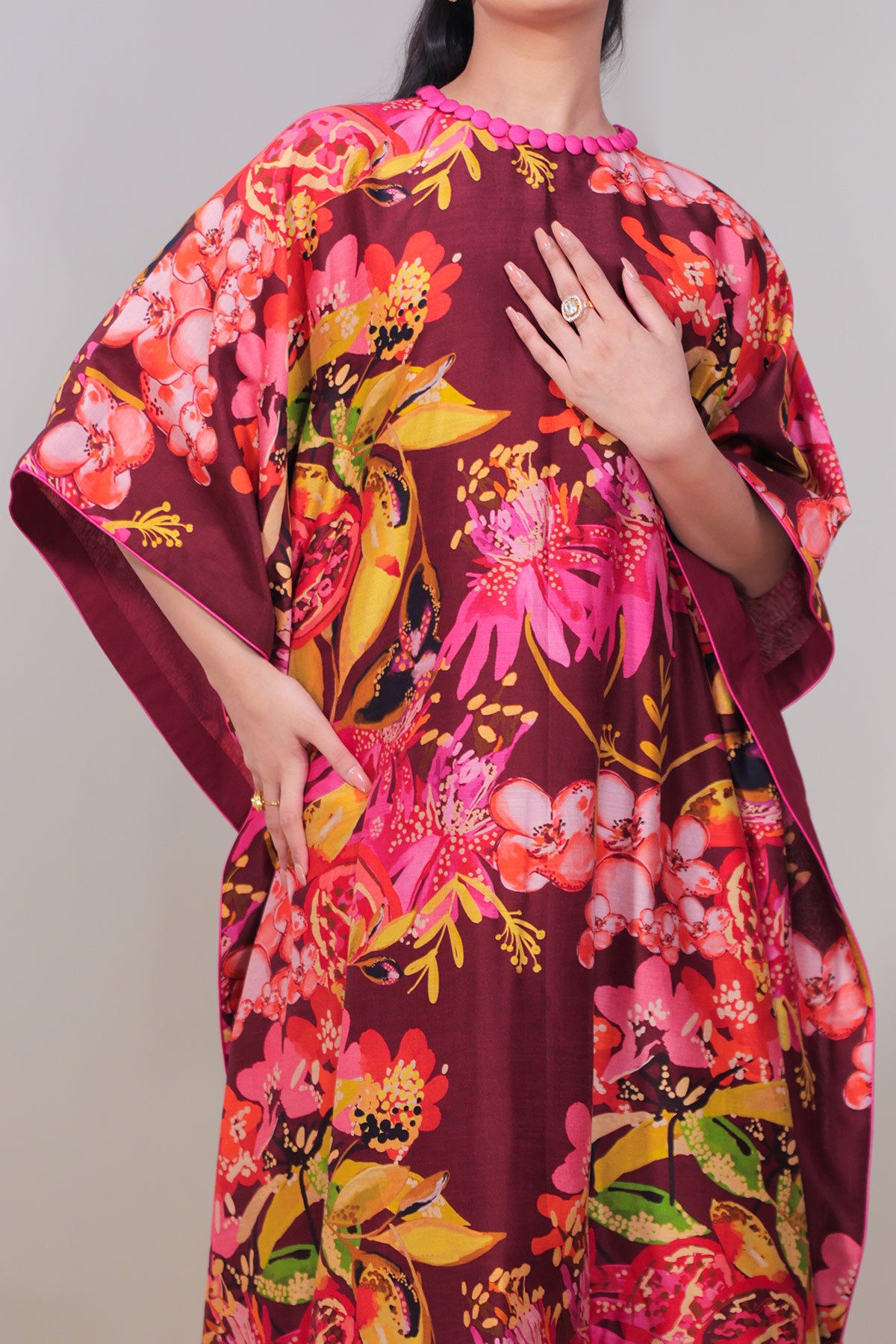 Maroon Floral Jaal Printed Kaftan Set