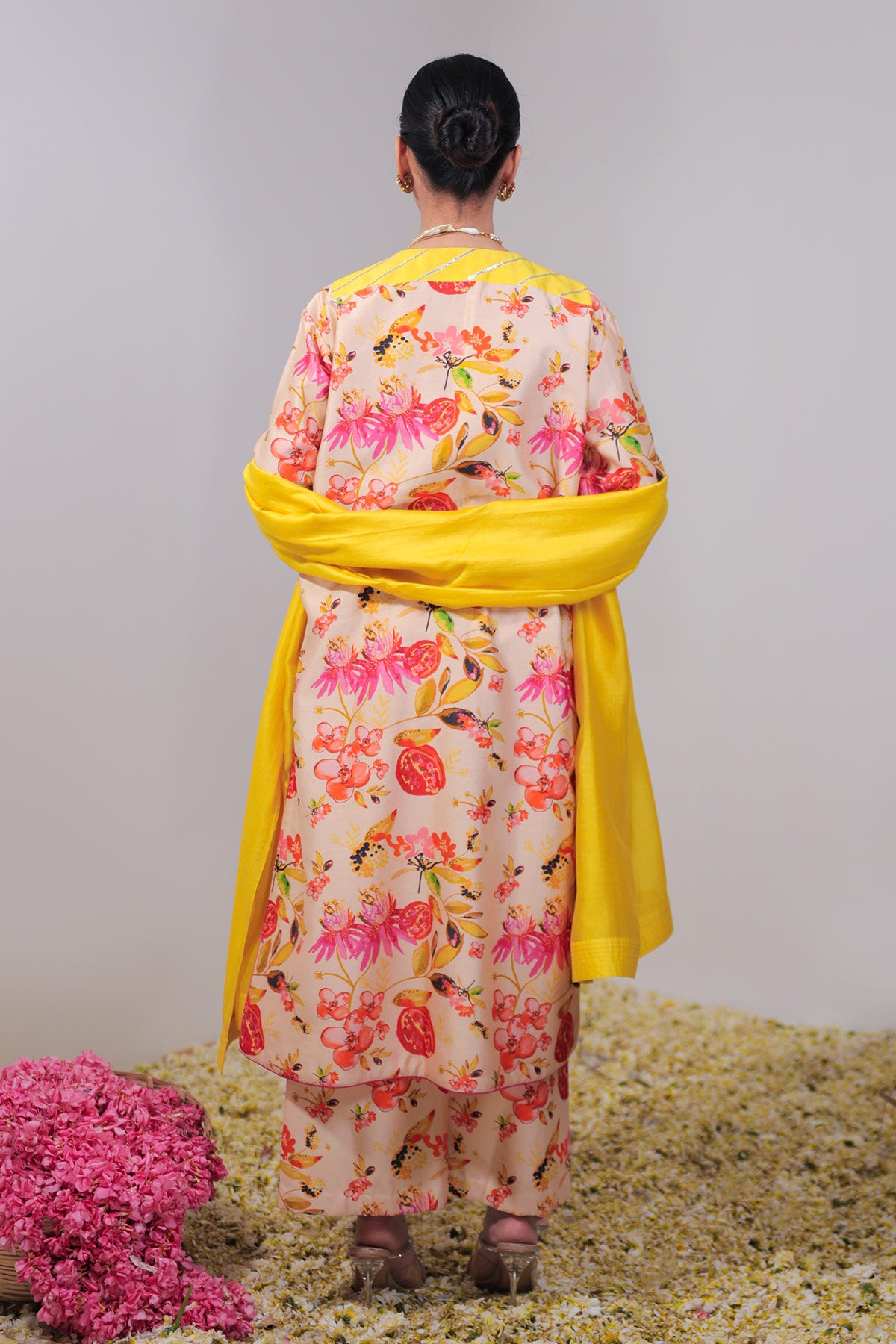Classic Beige & Pink Floral Jaal Printed Straight Long Suit Set