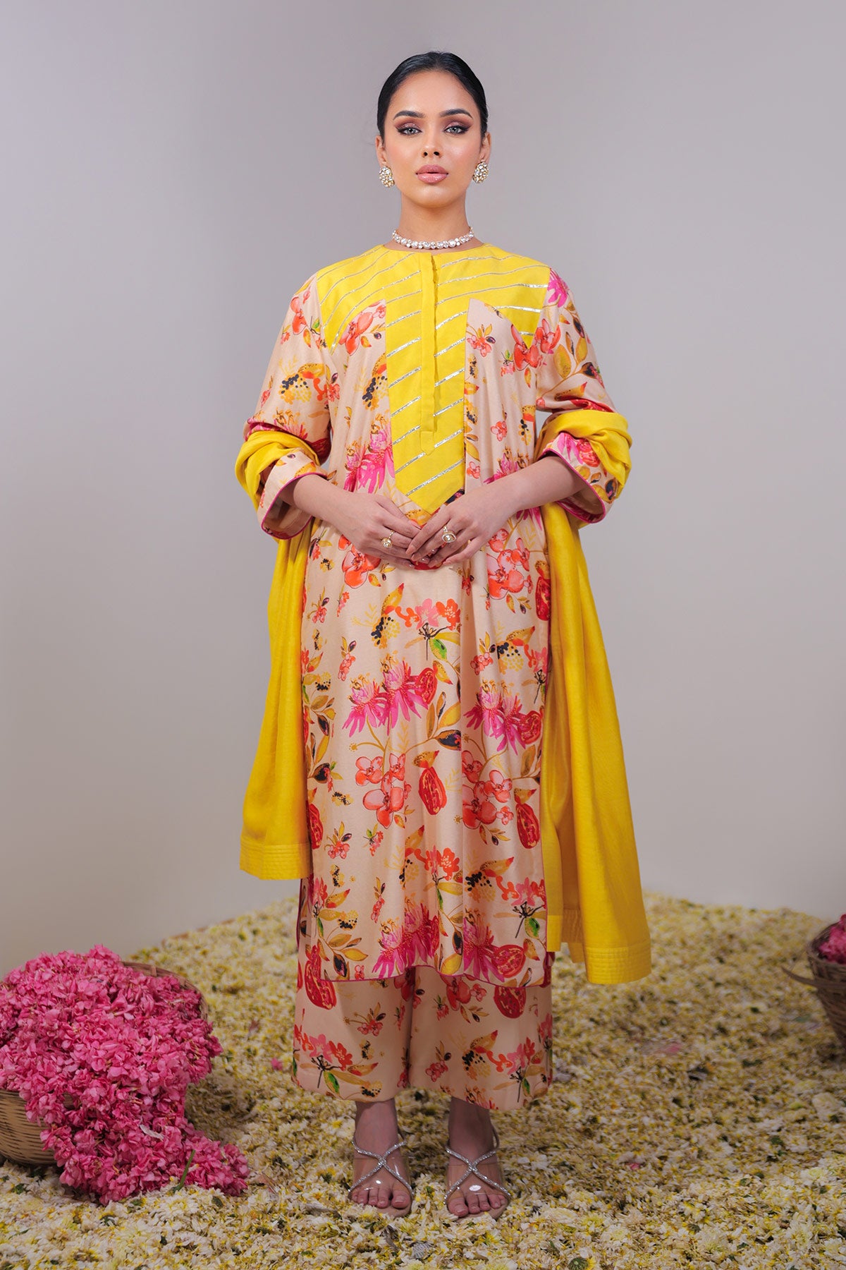 Classic Beige & Pink Floral Jaal Printed Straight Long Suit Set