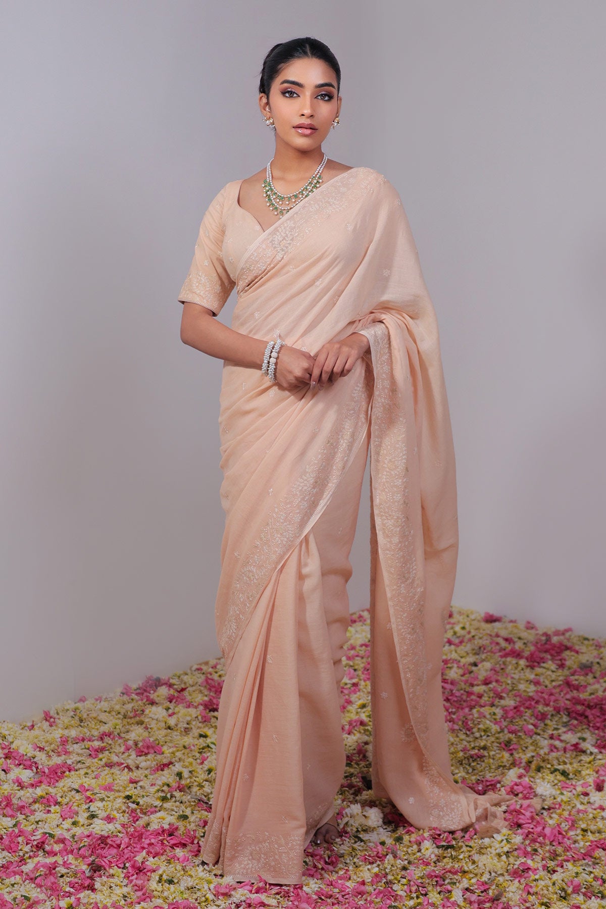 Peach Pure Mulmul Saree with Ek Taar Embroidery