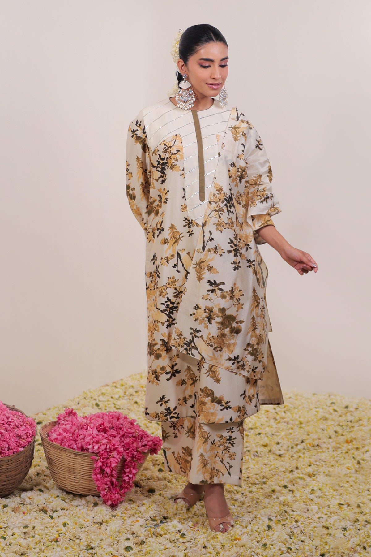 Ivory & Olive Floral Printed Long Suit Set