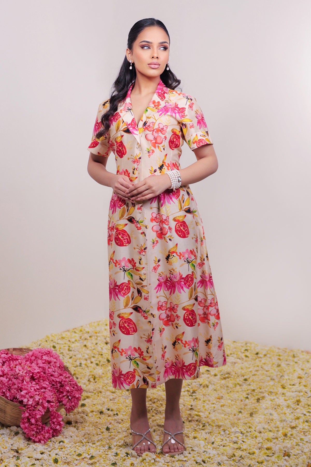 Classic Beige & Pink Floral Dress