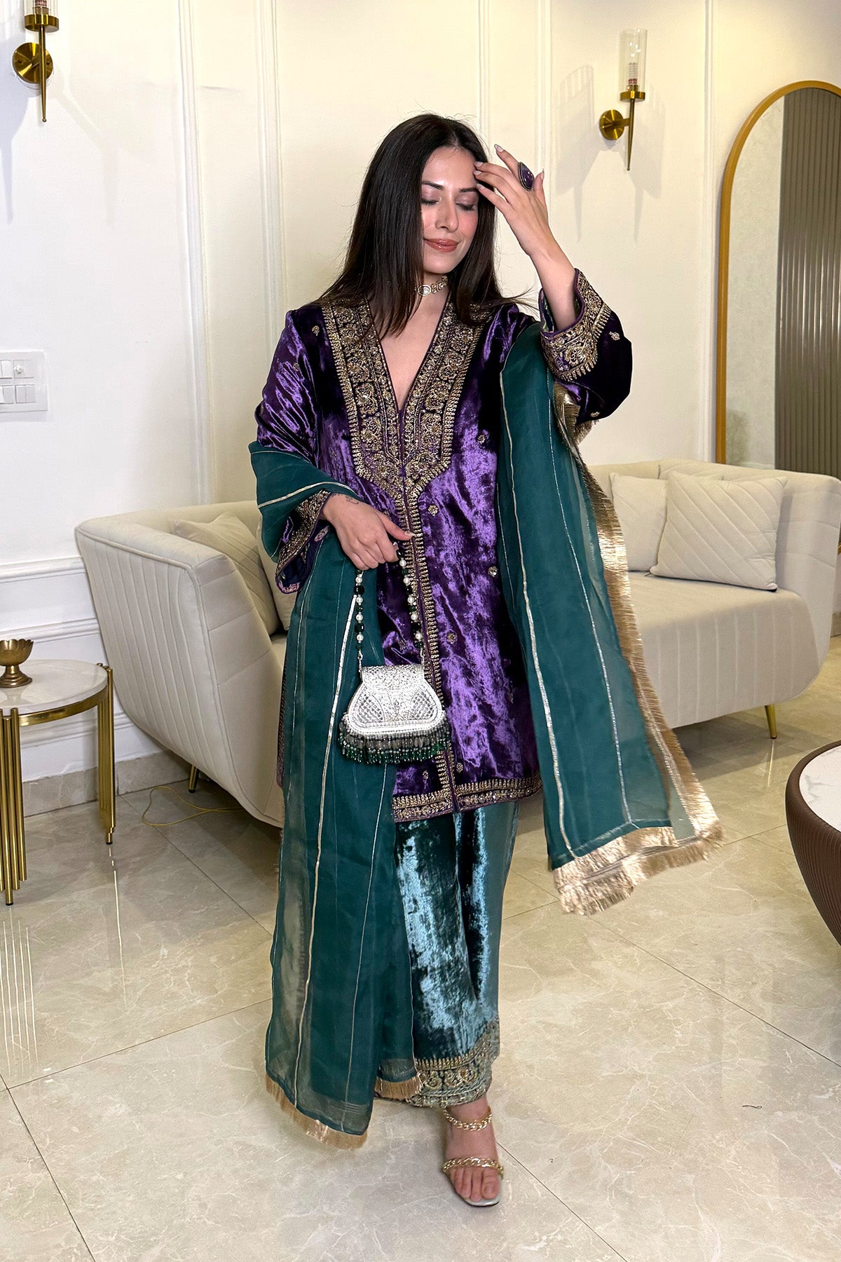 Yashika Khatri In Kasoori Purple Teal Suit Set